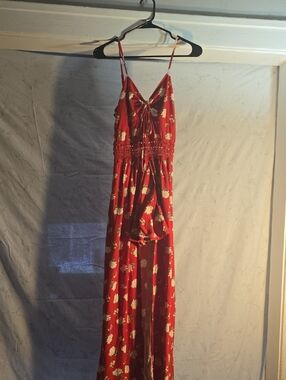Red Floral V-Neck Smocked-Waist Romper